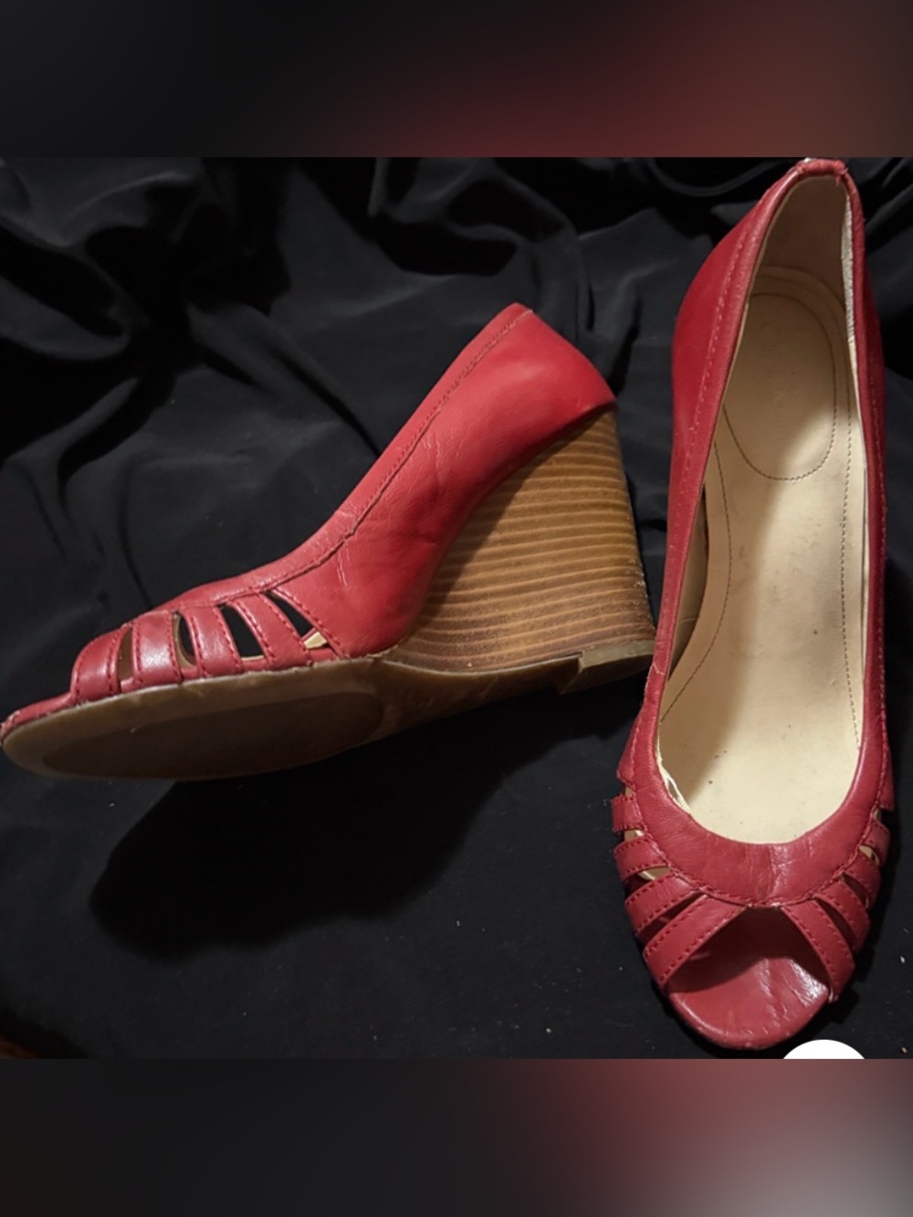 Calvin Klein Red Leather Wedge Peep-Toe Heels